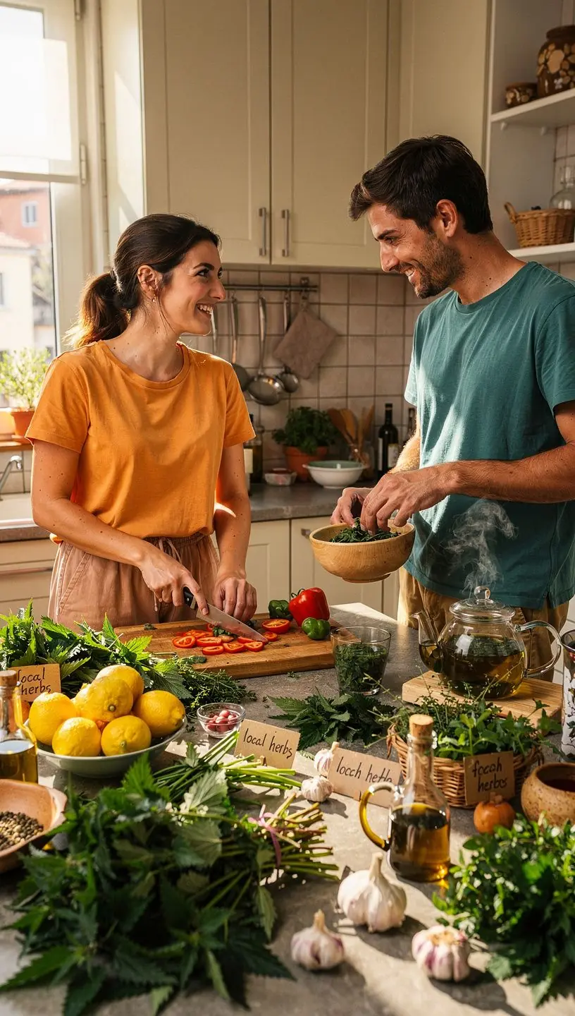 Šalica čaja od koprive na drvenoj površini uz svježe voće.