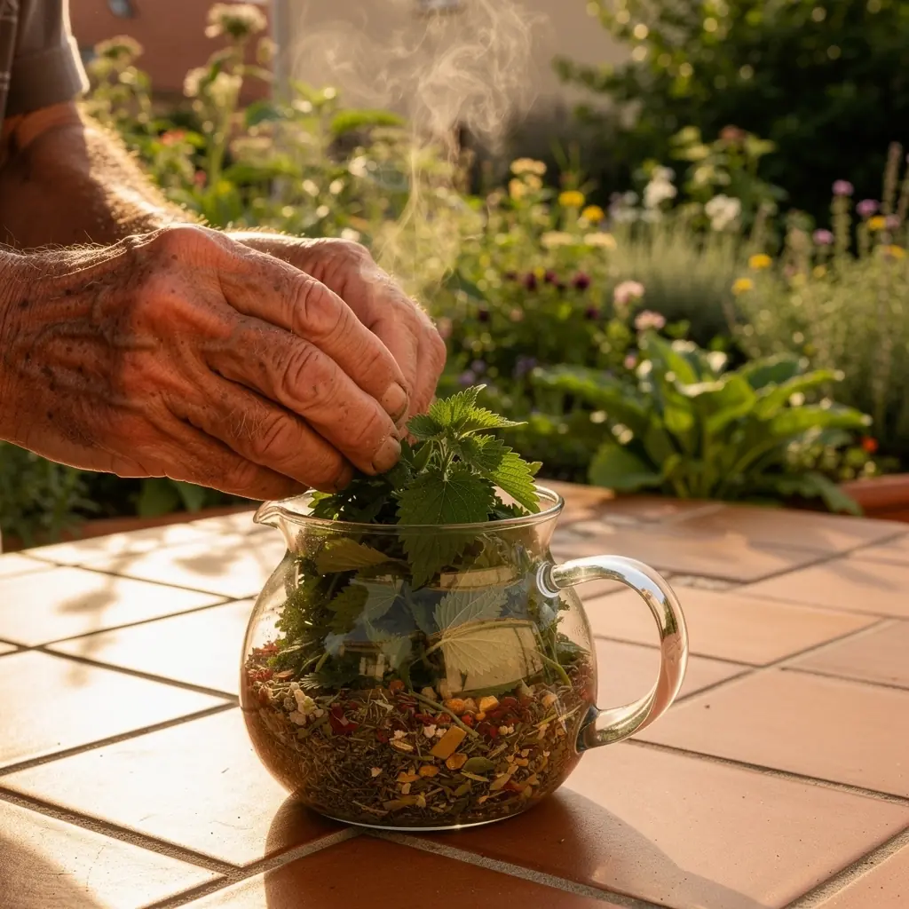 Čajna vrećica s natpisom "Čaj od koprive" na stolu.