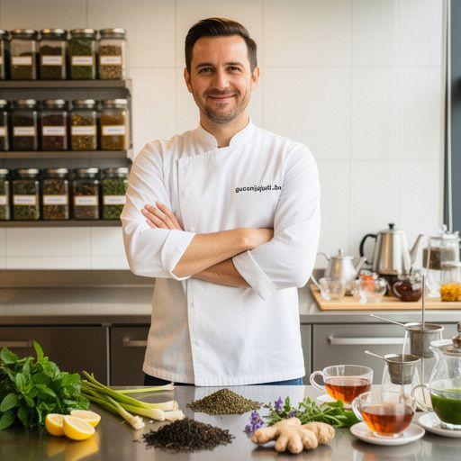 Zeleni čaj od koprive s listovima i šalicama na drvenoj podlozi.